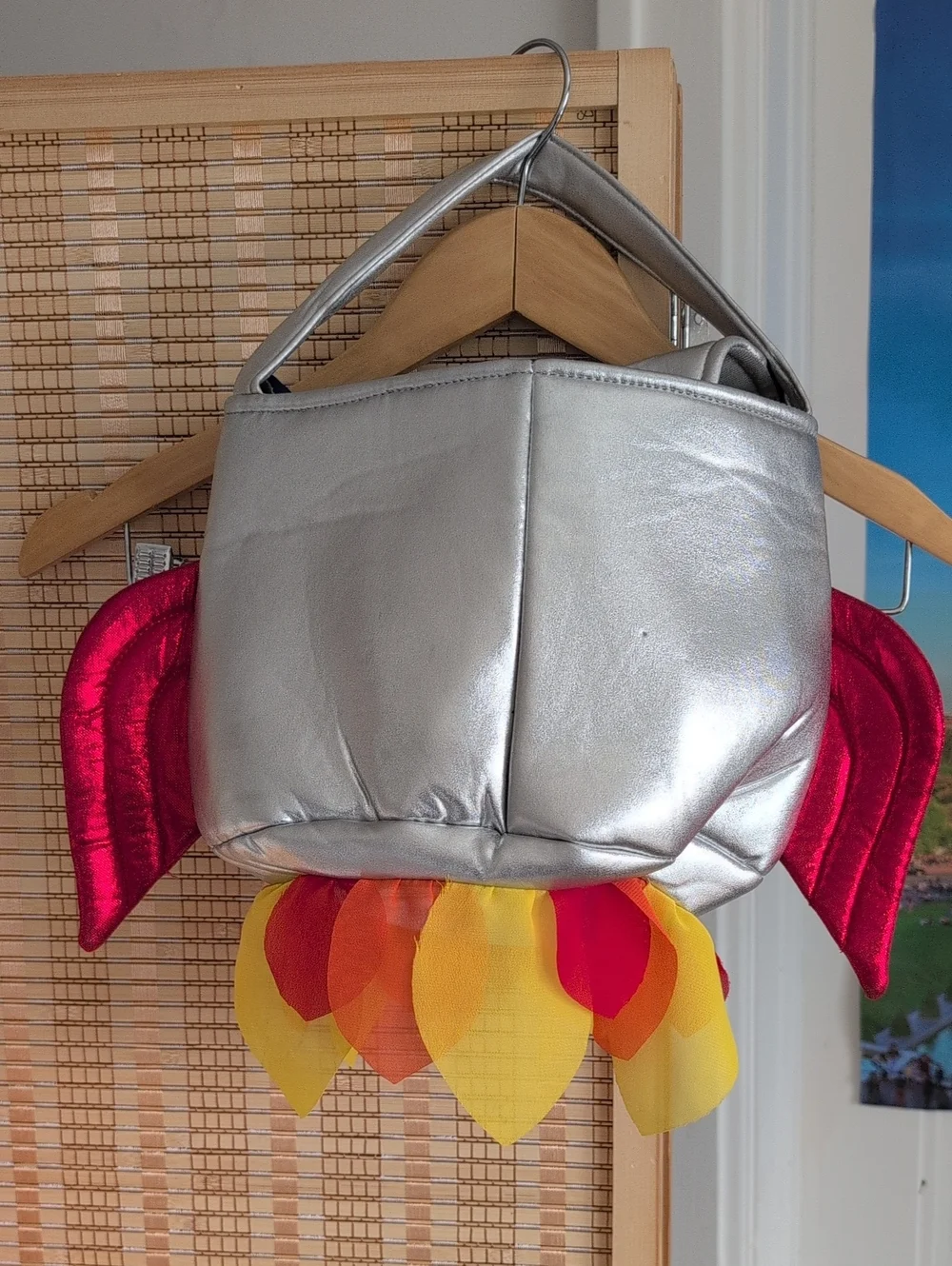 Pottery Barn Silver Rocket-Shaped Halloween Treat Bag with Red/Yellow Accents